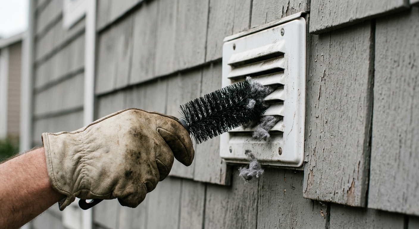 A hand cleaning an exterior dryer vent on a home in Lake Stevens WA as part of a home maintenance program.