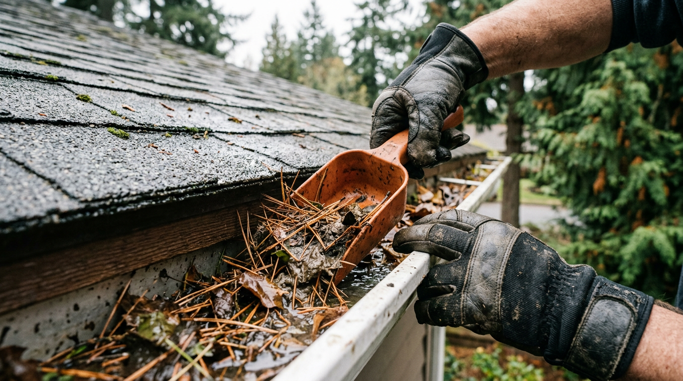Cleaning gutters as part of a home maintenance program in Lake Stevens, WA.