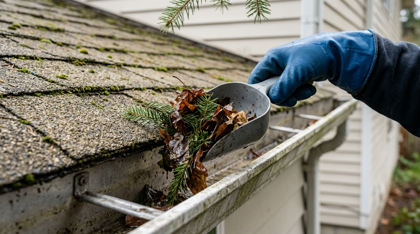 Clearing fir needles from a gutter as part of a home maintenance program in Lake Stevens, WA.