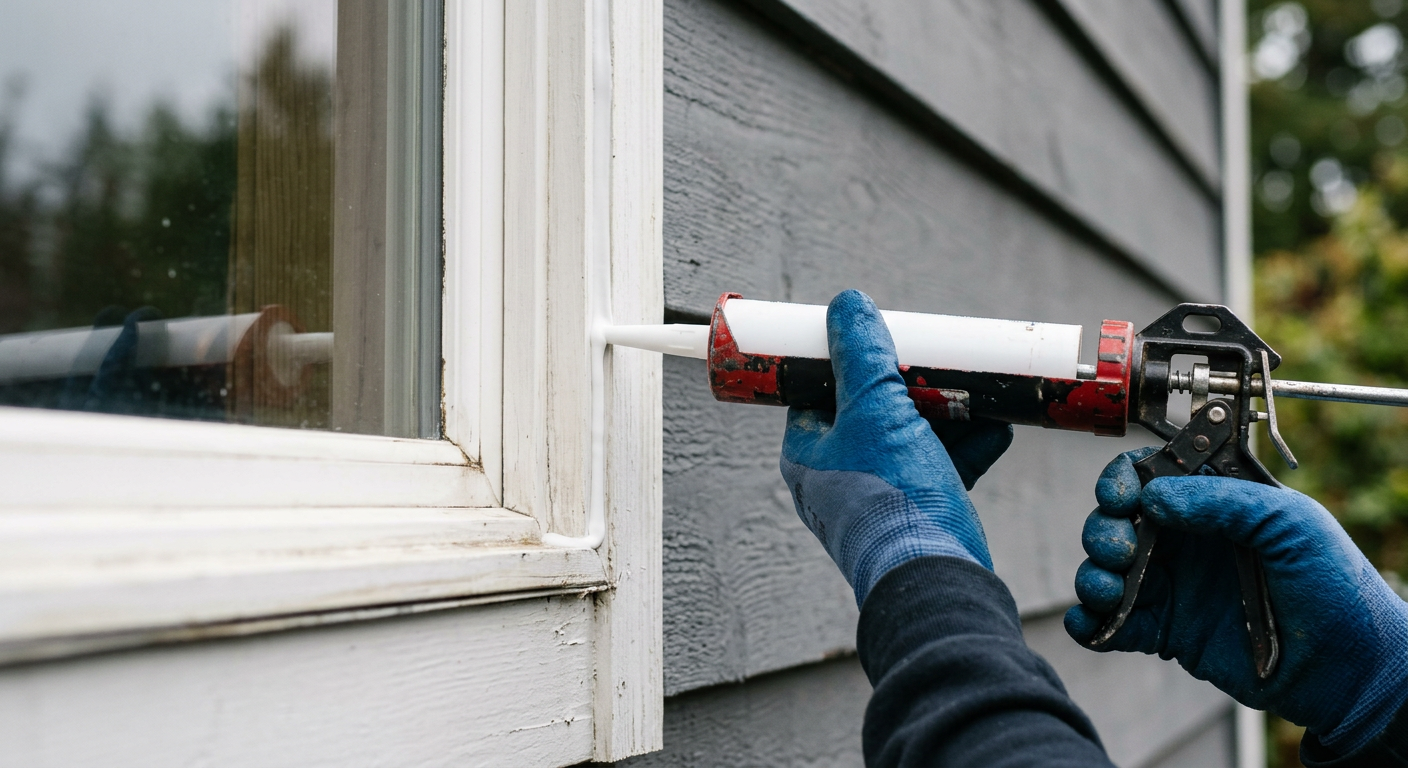 Applying a bead of caulk to a window trim as part of a home maintenance program in Mukilteo WA.