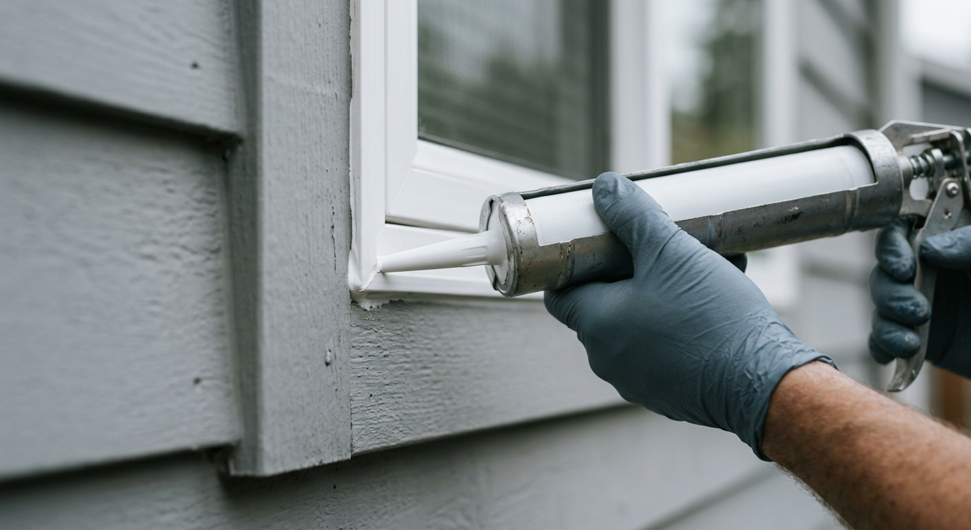 Applying fresh caulk to a window frame during home maintenance in Mukilteo.