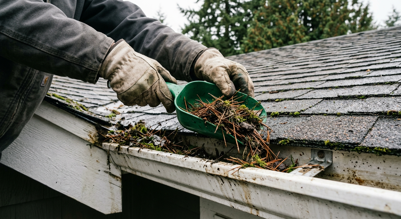 Gloved hands cleaning wet leaves from a gutter on a Mukilteo home as part of a fall maintenance program.