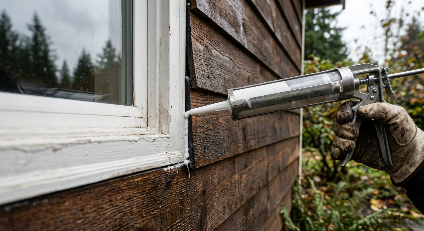 A professional applying fresh exterior caulk around a window frame as part of a home maintenance program in Mukilteo, WA.