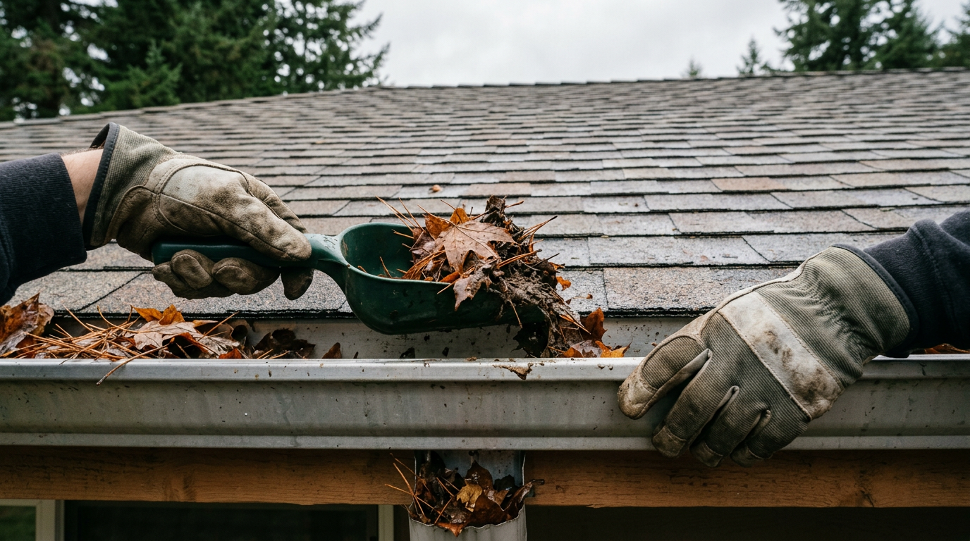Clearing fall leaves from a gutter on a home in Northgate as part of a home maintenance program.
