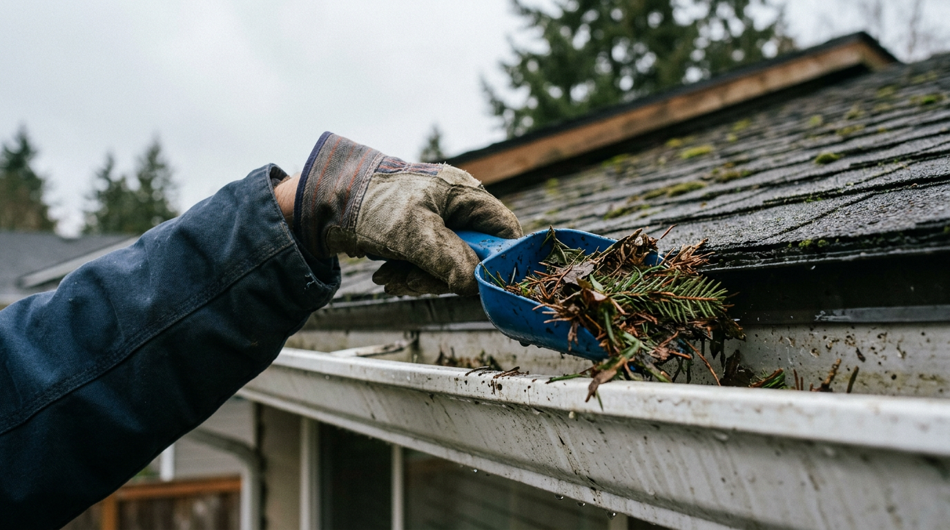 A House Spouse technician performing fall prep with a home maintenance program in Northgate, WA by cleaning gutters.