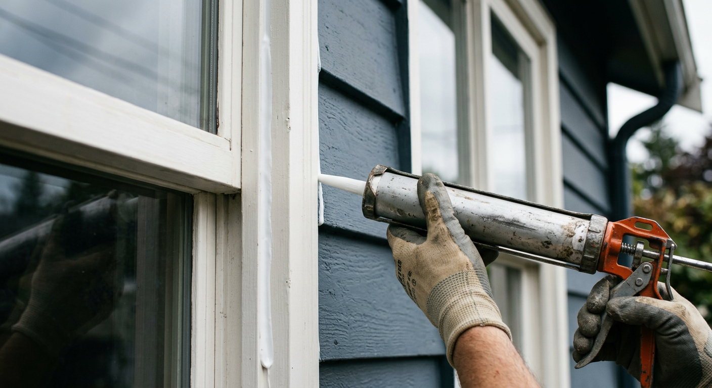 Applying new exterior caulk to a window frame on a Northgate home as part of a summer home maintenance program.