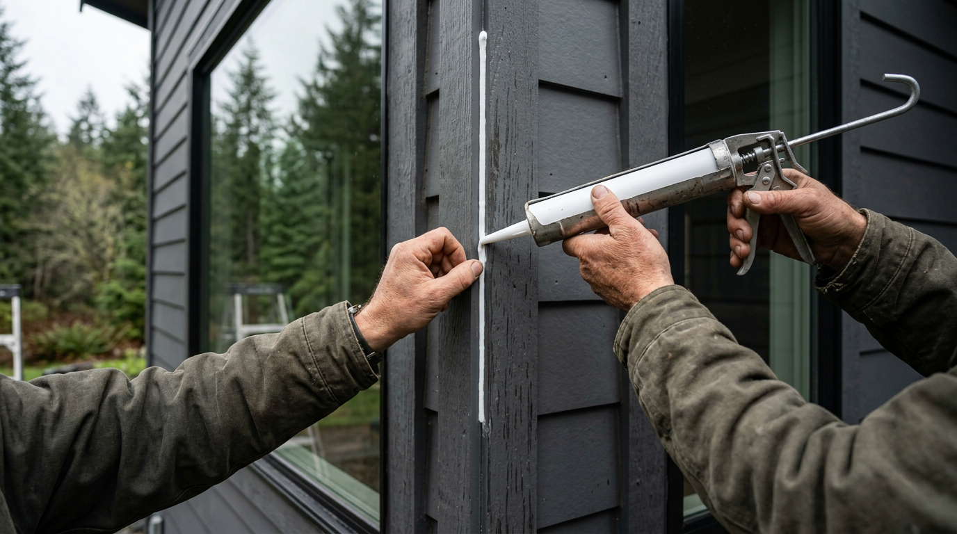 Applying fresh exterior caulk around a window as part of a home maintenance program in West Seattle.