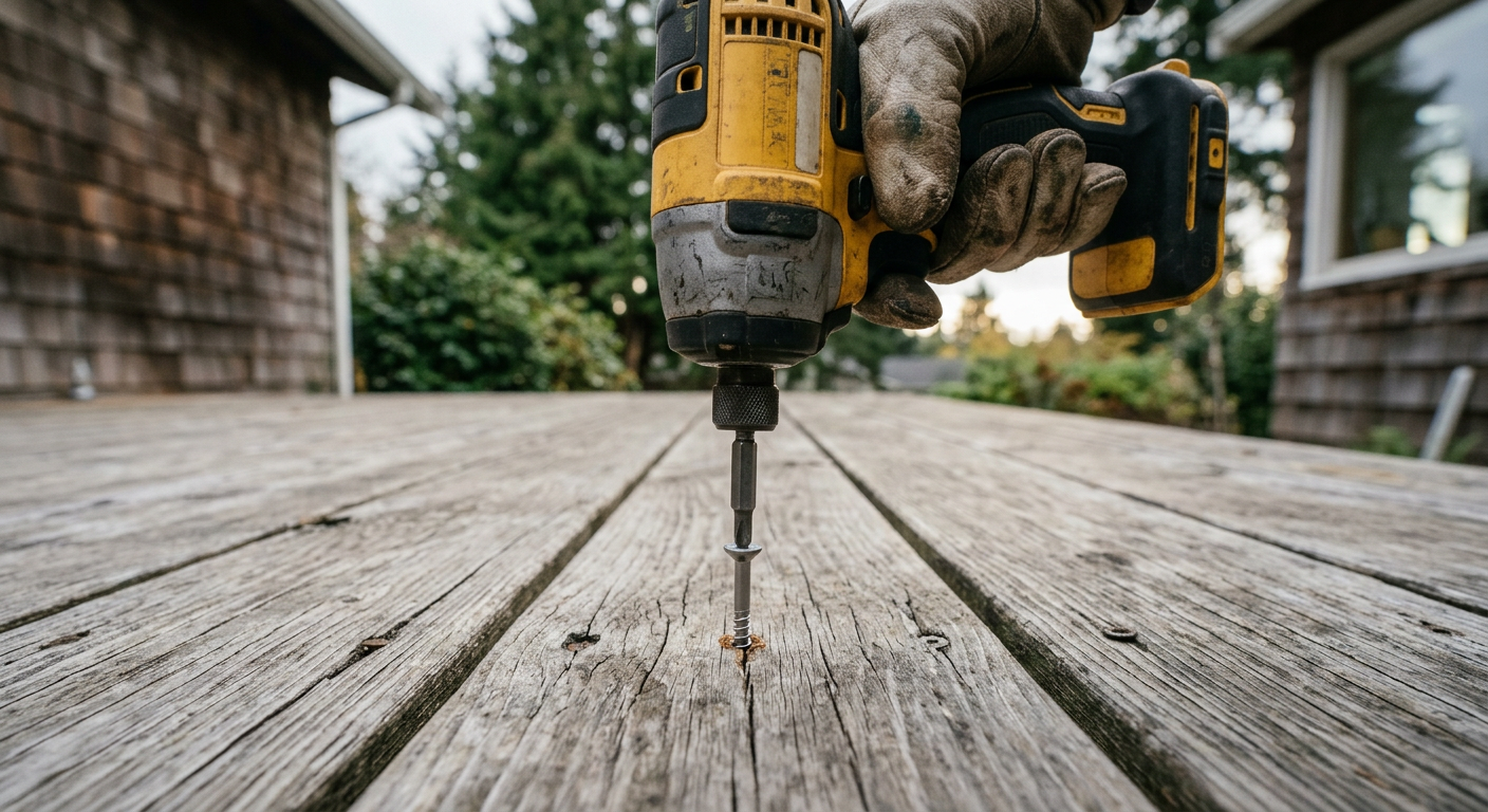 A handyman secures a deck board as part of a home maintenance program in West Seattle, WA.