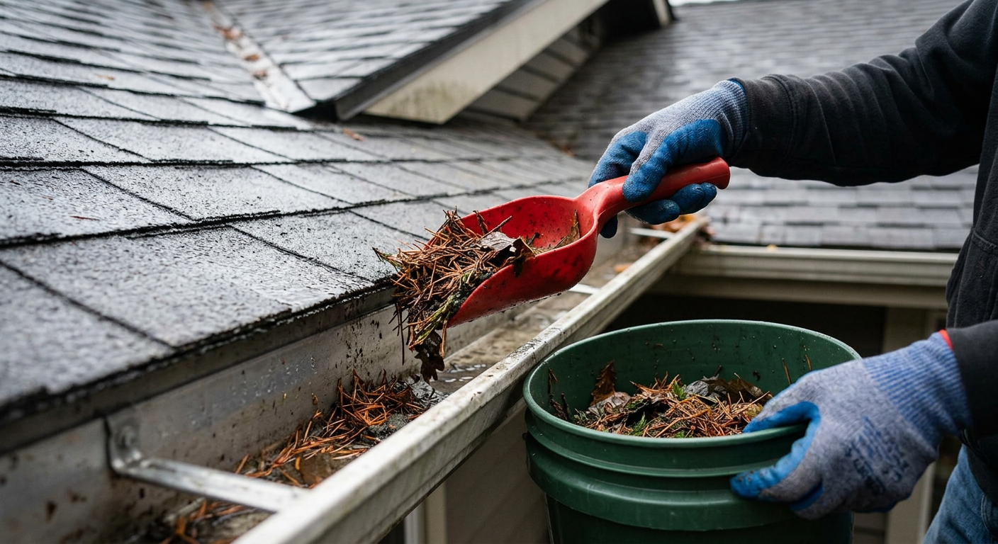 Close-up of fall gutter maintenance on a West Seattle home removing needles before heavy rain