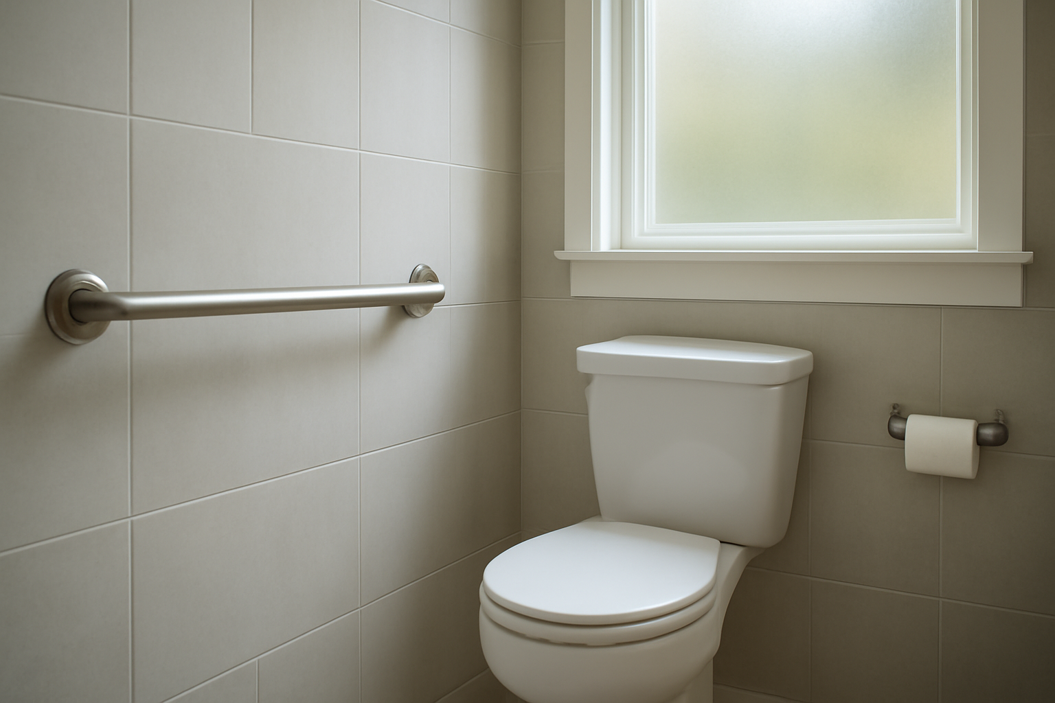 A secure grab bar installed on a tiled bathroom wall, an important aging in place upgrade.
