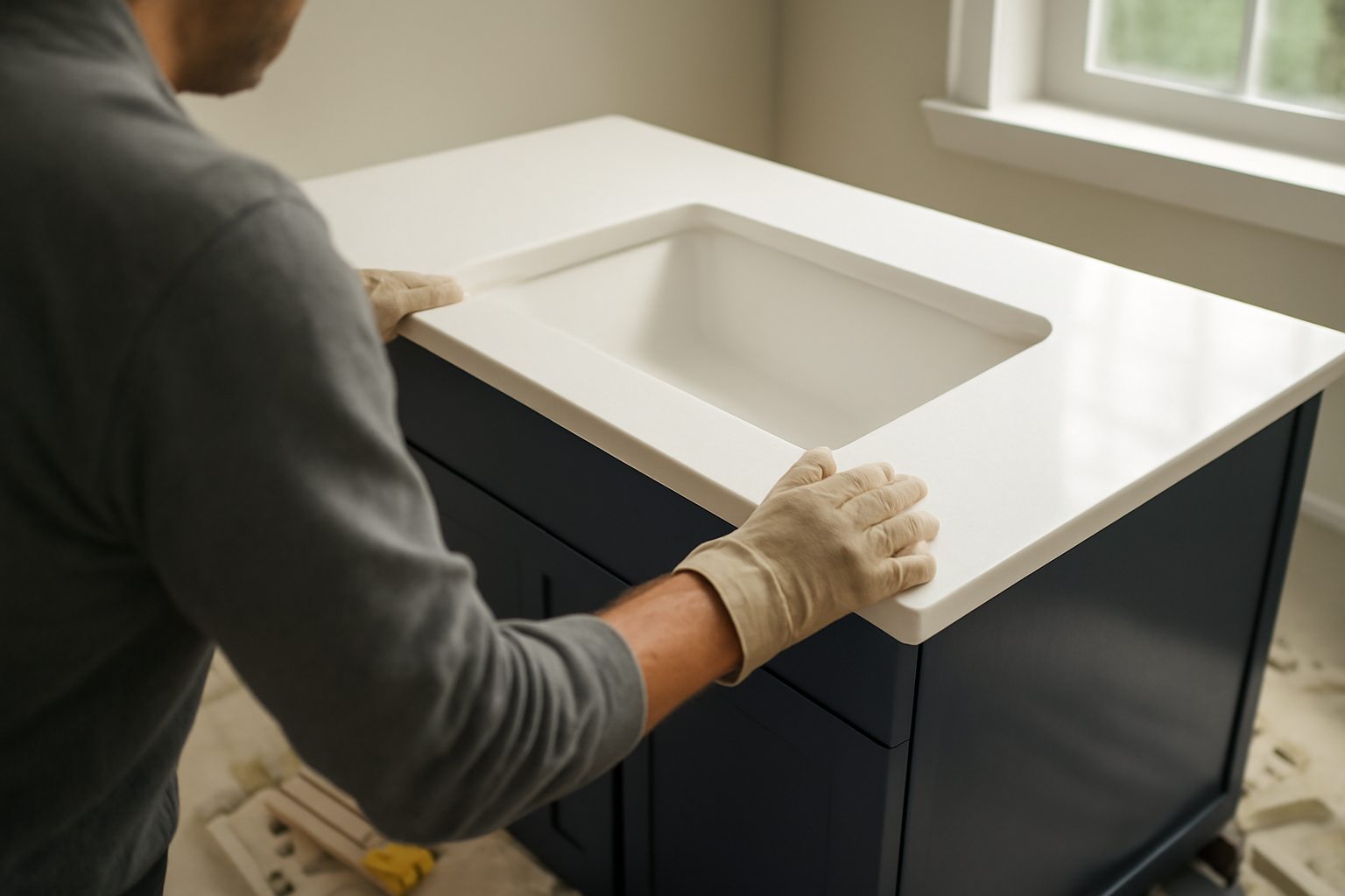 A House Spouse handyman installing a new vanity top during a bathroom remodel in King County.