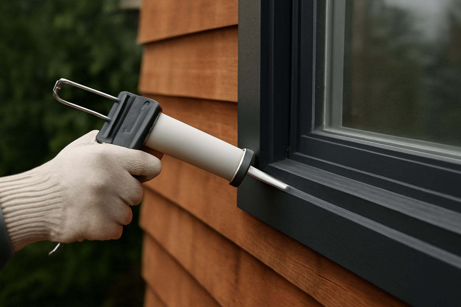 A professional handyman applying a new bead of sealant during an exterior caulking and sealing job on a PNW home.