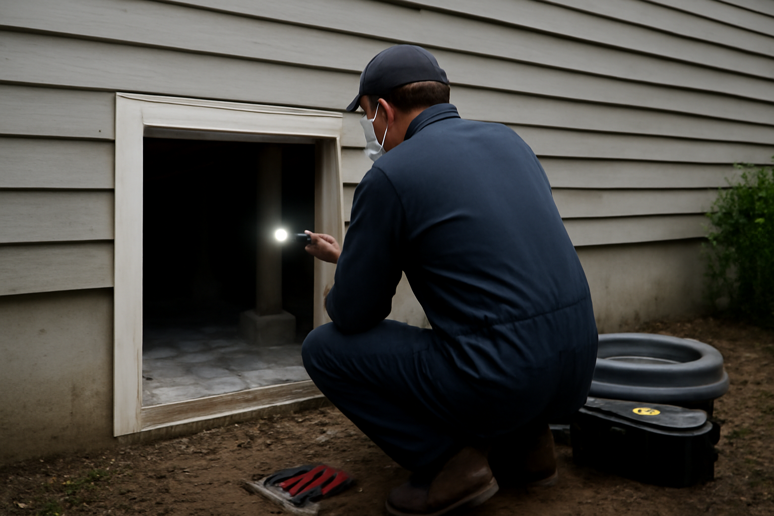 A House Spouse professional performing a crawlspace assessment on a Pacific Northwest home.