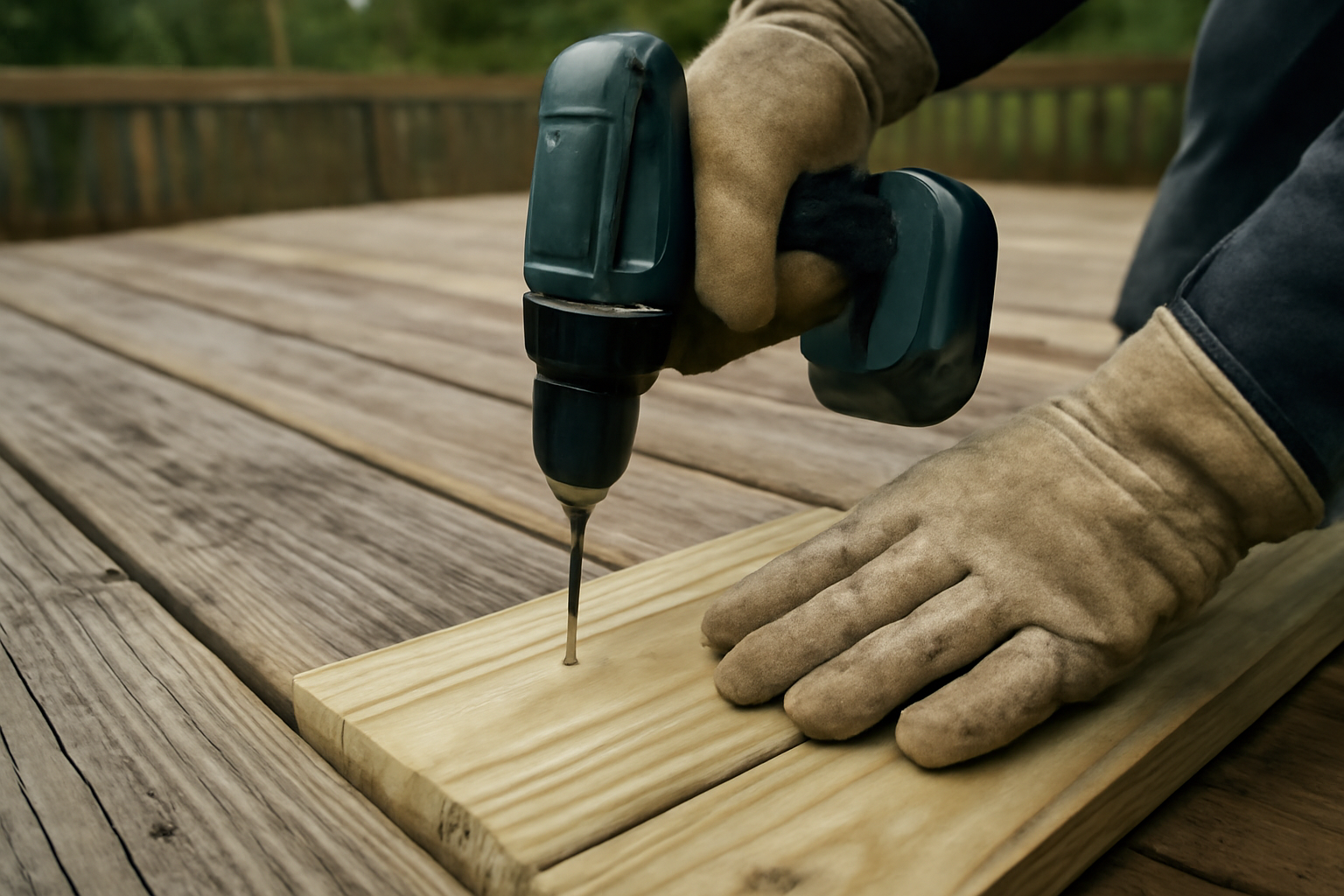 A handyman fastens a new deck board during a deck repair in the Pacific Northwest.