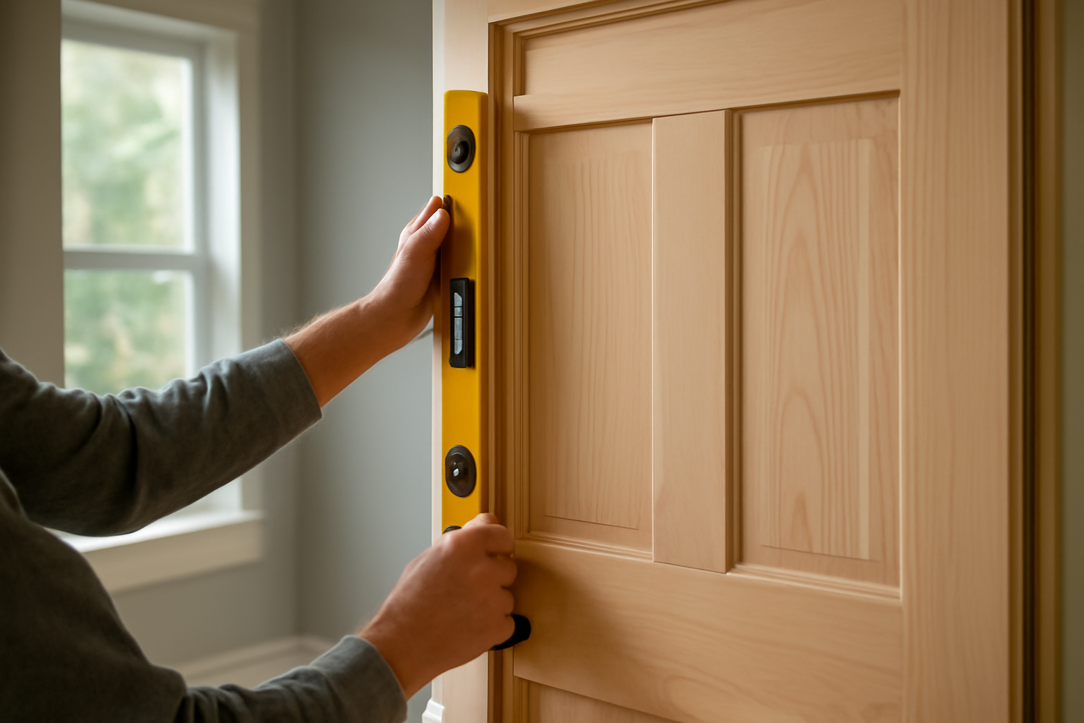 A handyman checks a new exterior door installation with a level in a Pacific Northwest home.