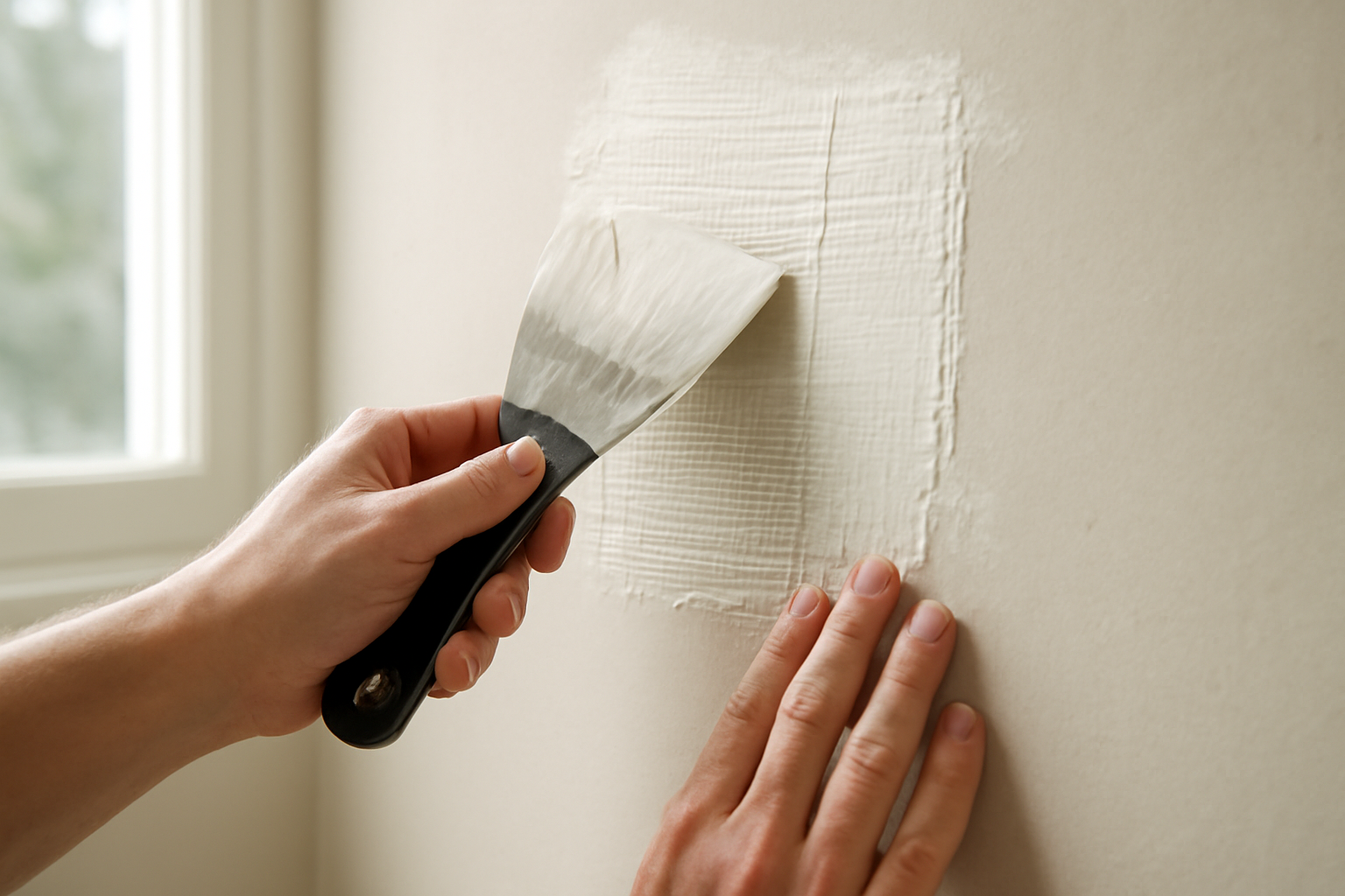 A close-up of a handyman performing a professional drywall repair on a wall in a King County home.