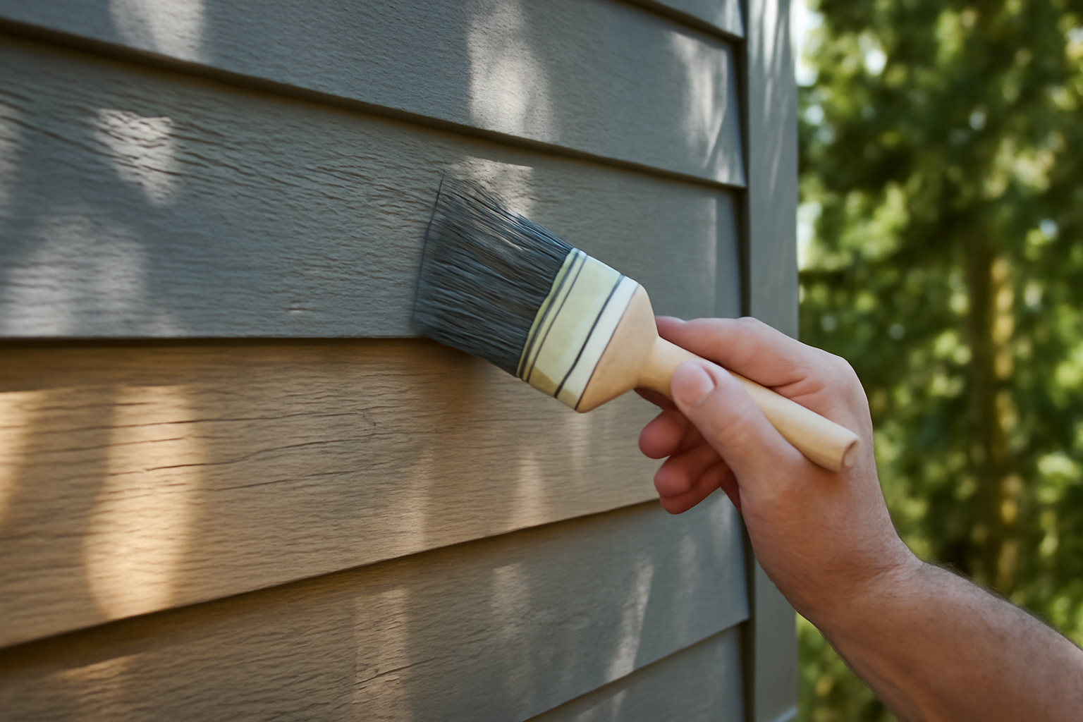 Applying a fresh coat of protective gray paint to the exterior siding of a PNW home.
