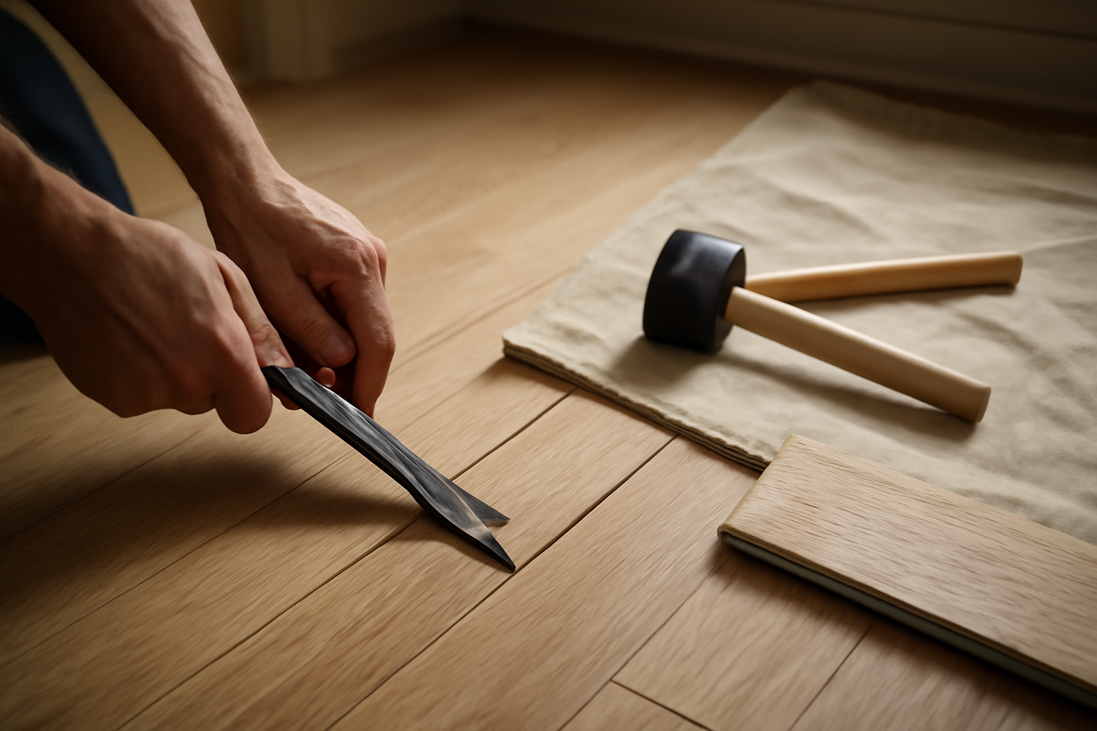 Close-up of hands performing a flooring repair on a hardwood floor in a Seattle home.