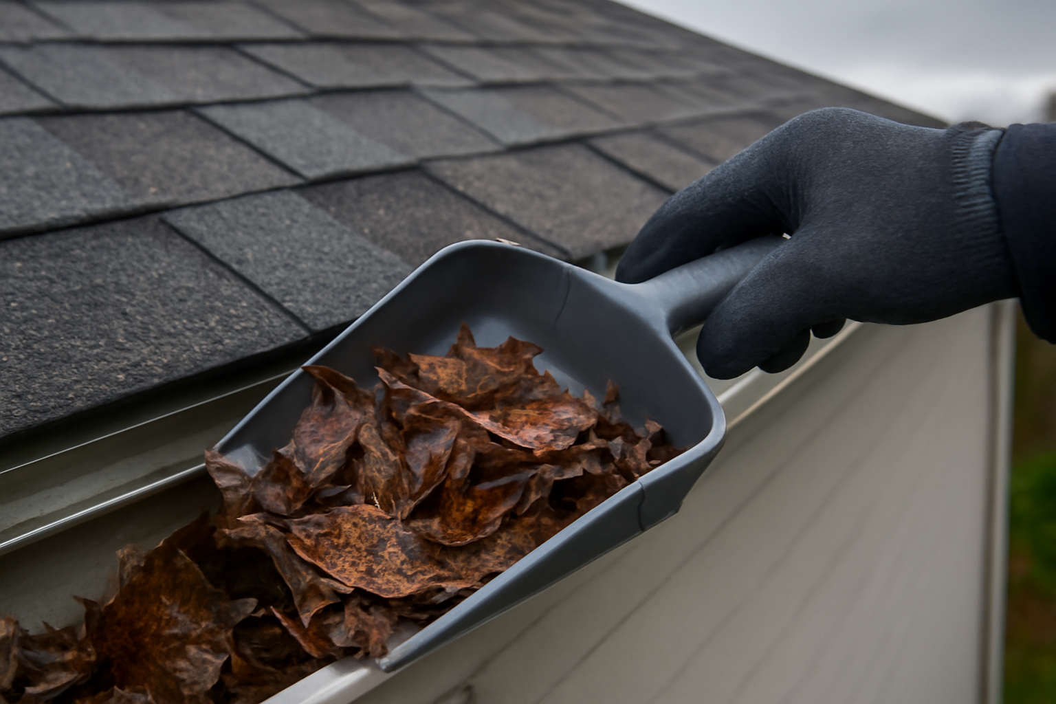 A close-up of a hand in a glove performing gutter cleaning on a Pacific Northwest home.