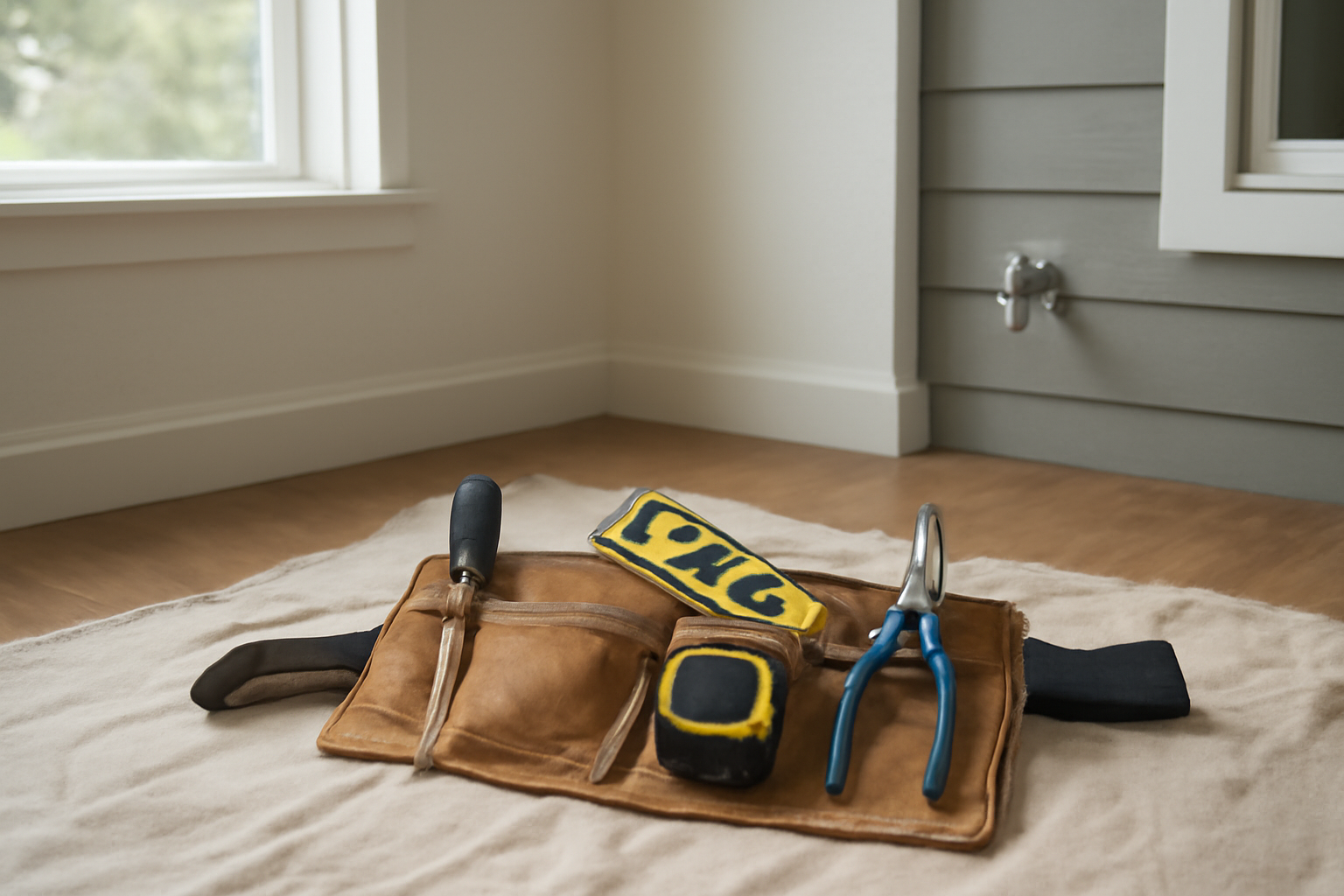 Professional handyman tools laid out on a drop cloth before starting a home repair job in a King County home.
