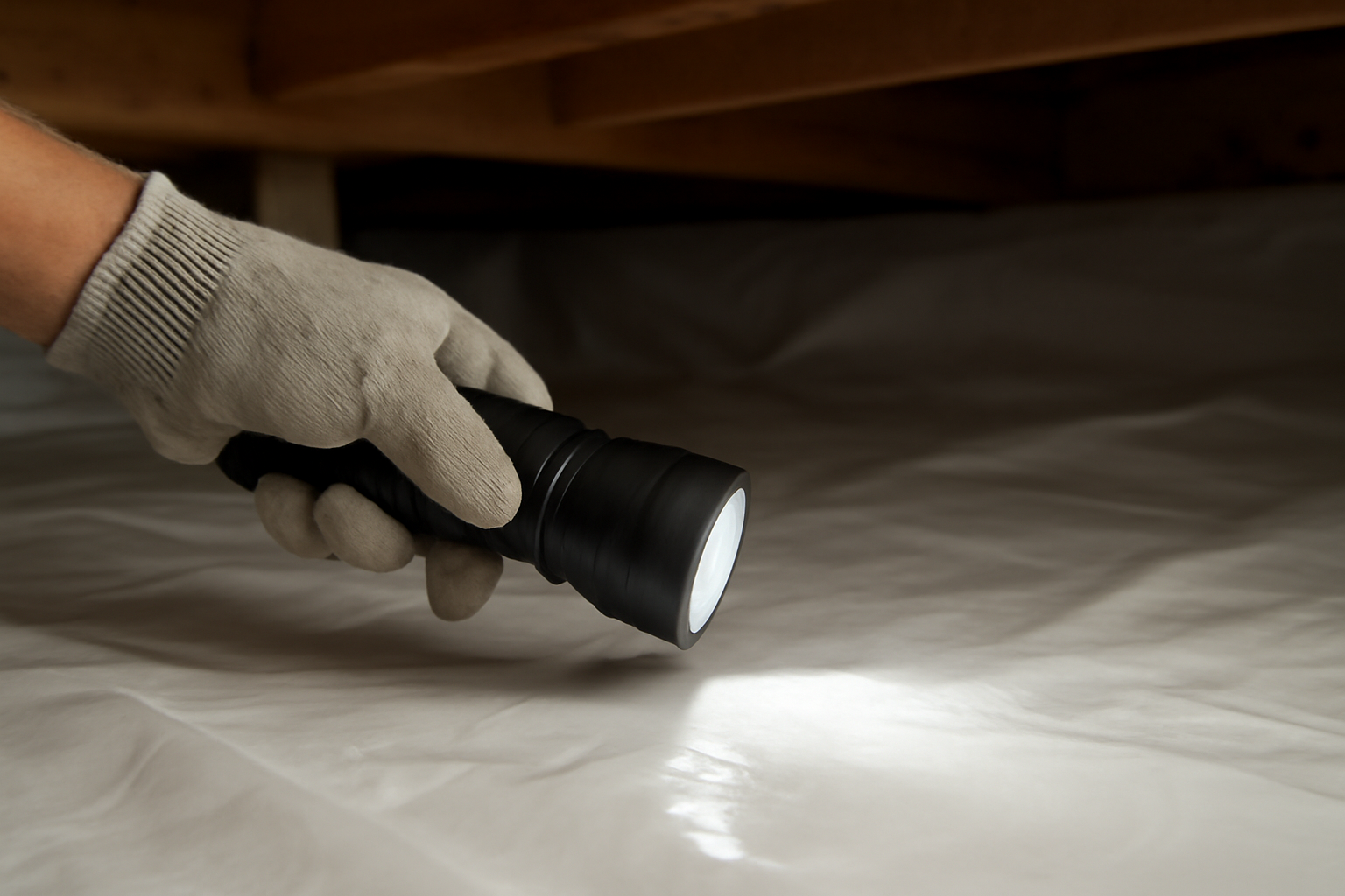 A hand shining a flashlight on a crawlspace vapor barrier during a home health assessment.