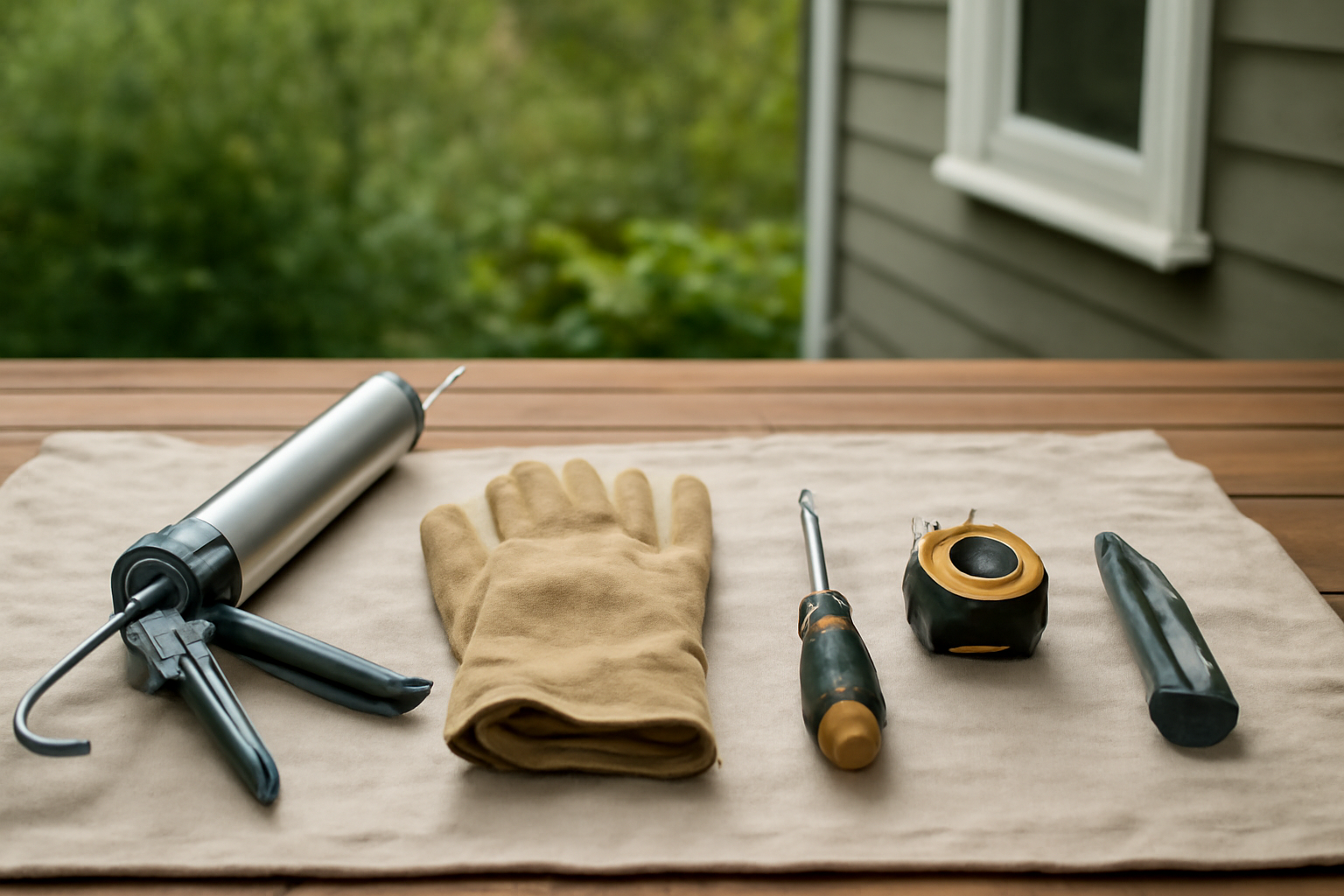 A set of essential tools for a home maintenance program laid out neatly on a deck.