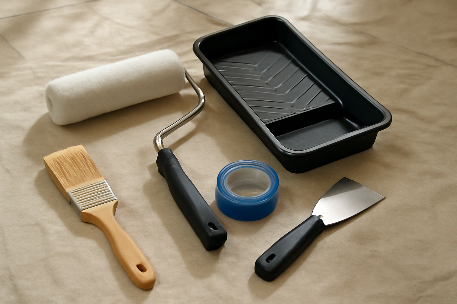 A clean layout of interior painting tools, including a roller, brush, and tape, on a drop cloth.