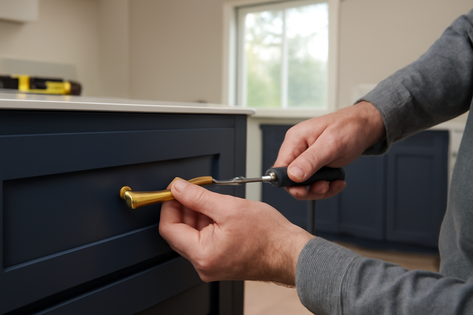 Close-up of a handyman installing new hardware during a kitchen remodel in a Pacific Northwest home.