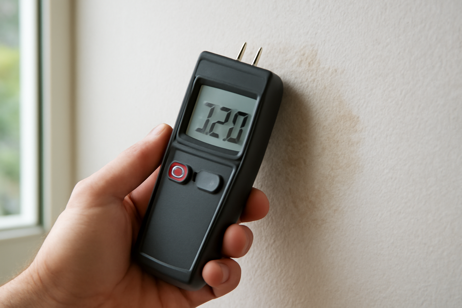 Using a digital moisture meter to perform a leak investigation on a damp wall.