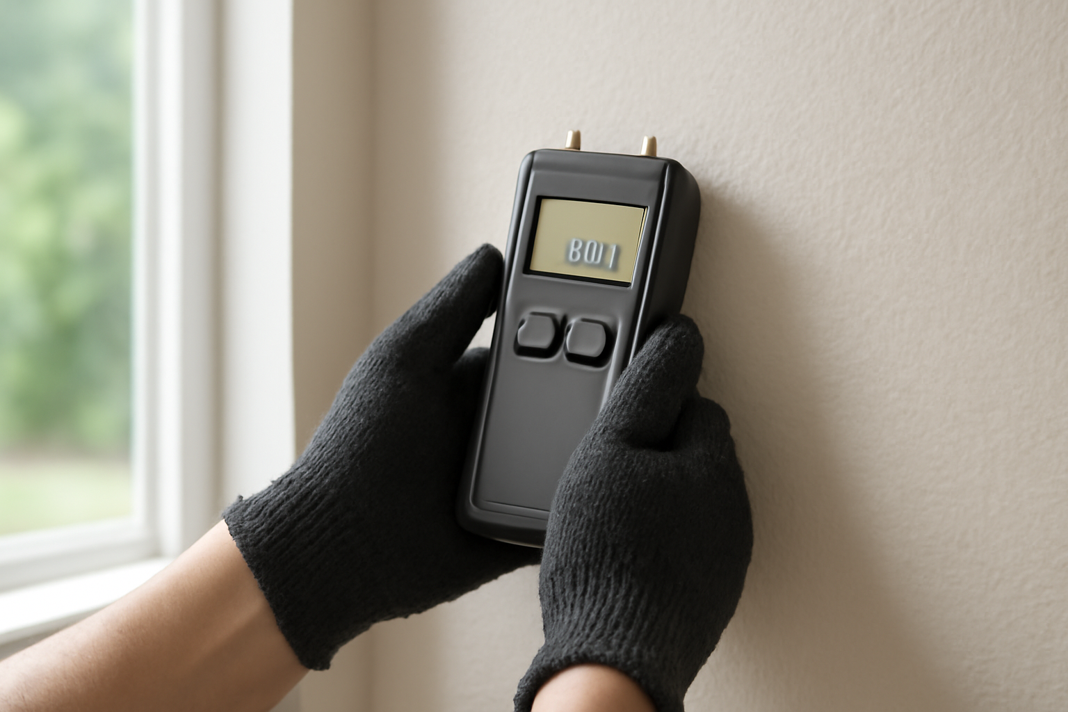 Using a moisture meter to check for hidden water damage as part of a mold prevention walkthrough.