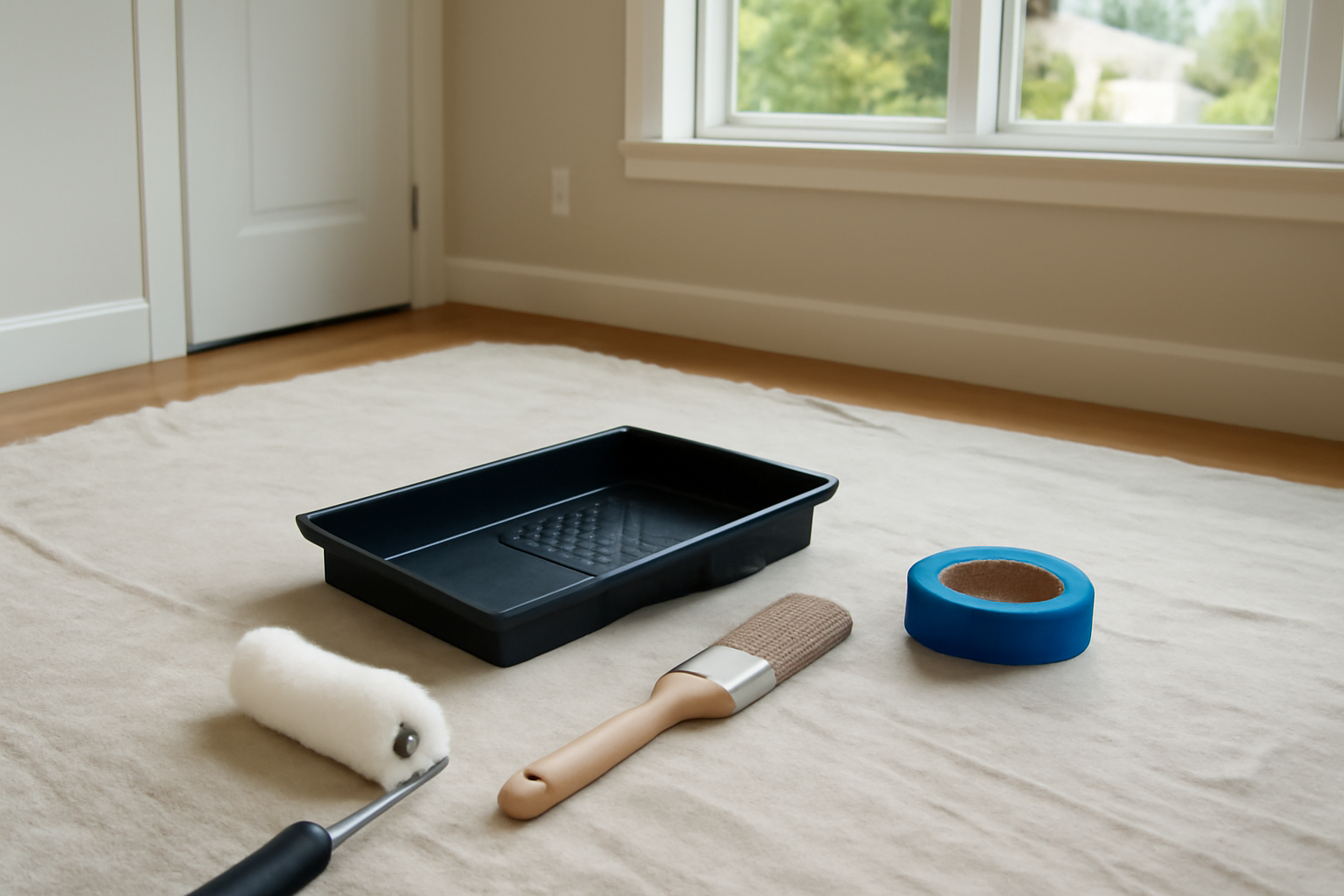 Painting tools laid out on a drop cloth for pre-sale home prep in a Pacific Northwest house.