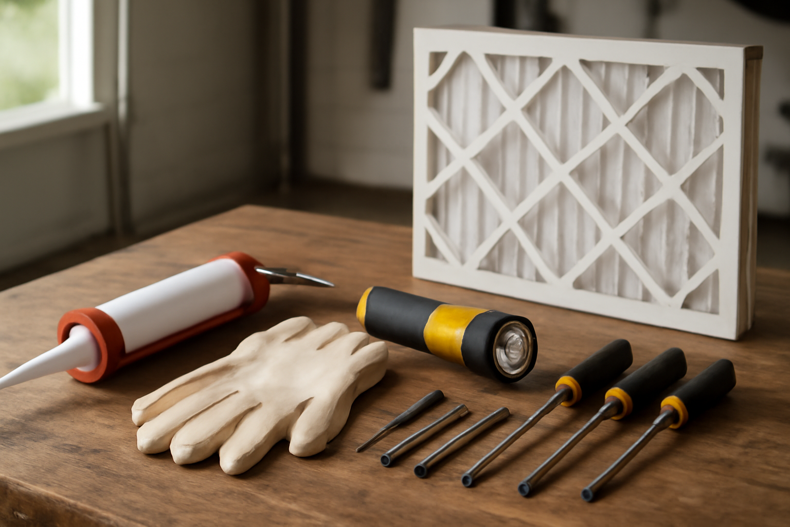 Essential property maintenance tools including a caulk gun and furnace filter laid out on a workbench.