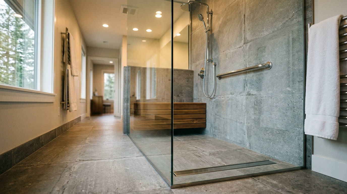 A modern, accessible walk-in shower with a grab bar and bench in a Hunts Point home, designed for aging in place.