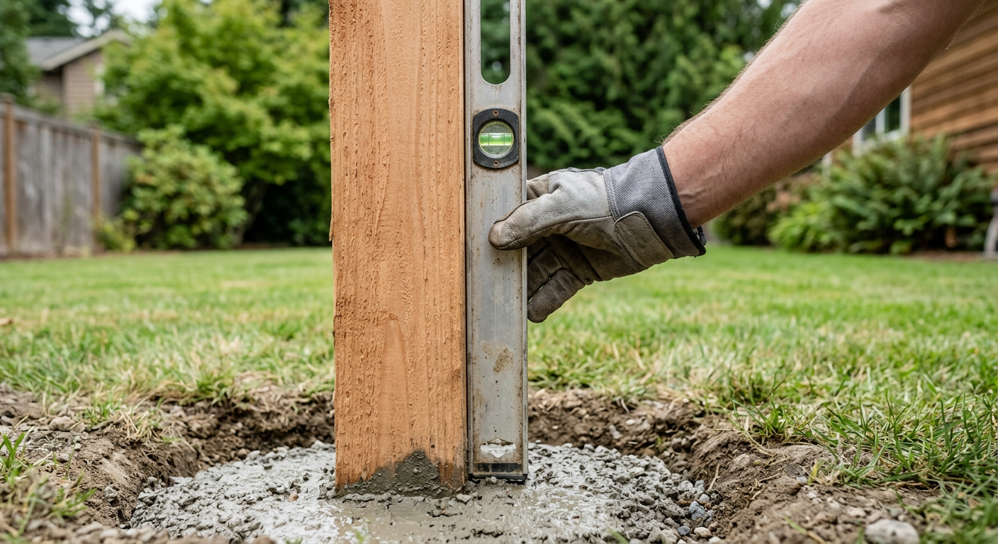 Checking a new cedar fence post with a level during a repair in Hunts Point, WA.