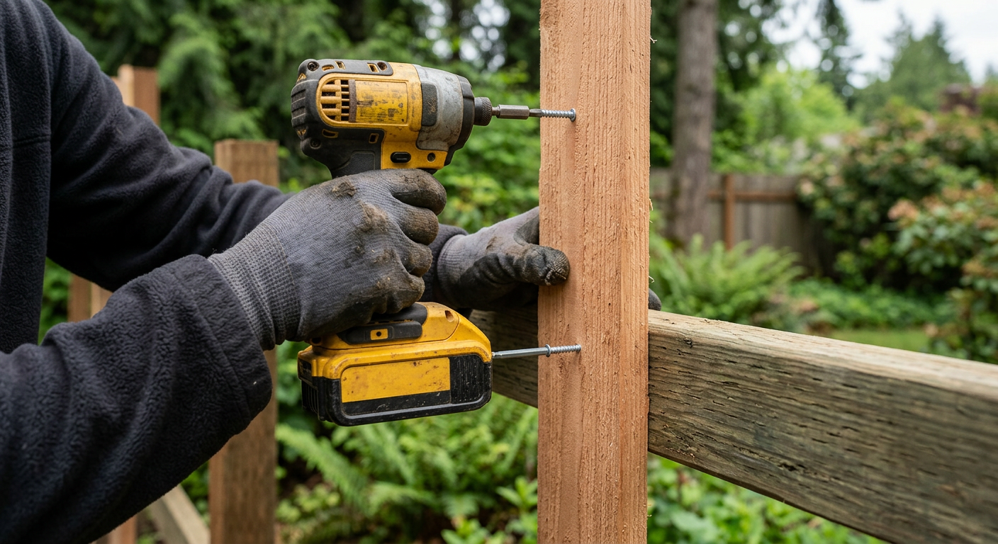 A new cedar fence picket being installed during a fence repair in Hunts Point, WA.