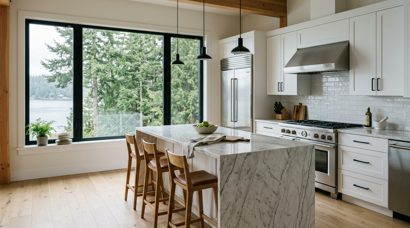 A newly remodeled high-end kitchen with white cabinets and a marble island in a Hunts Point home.
