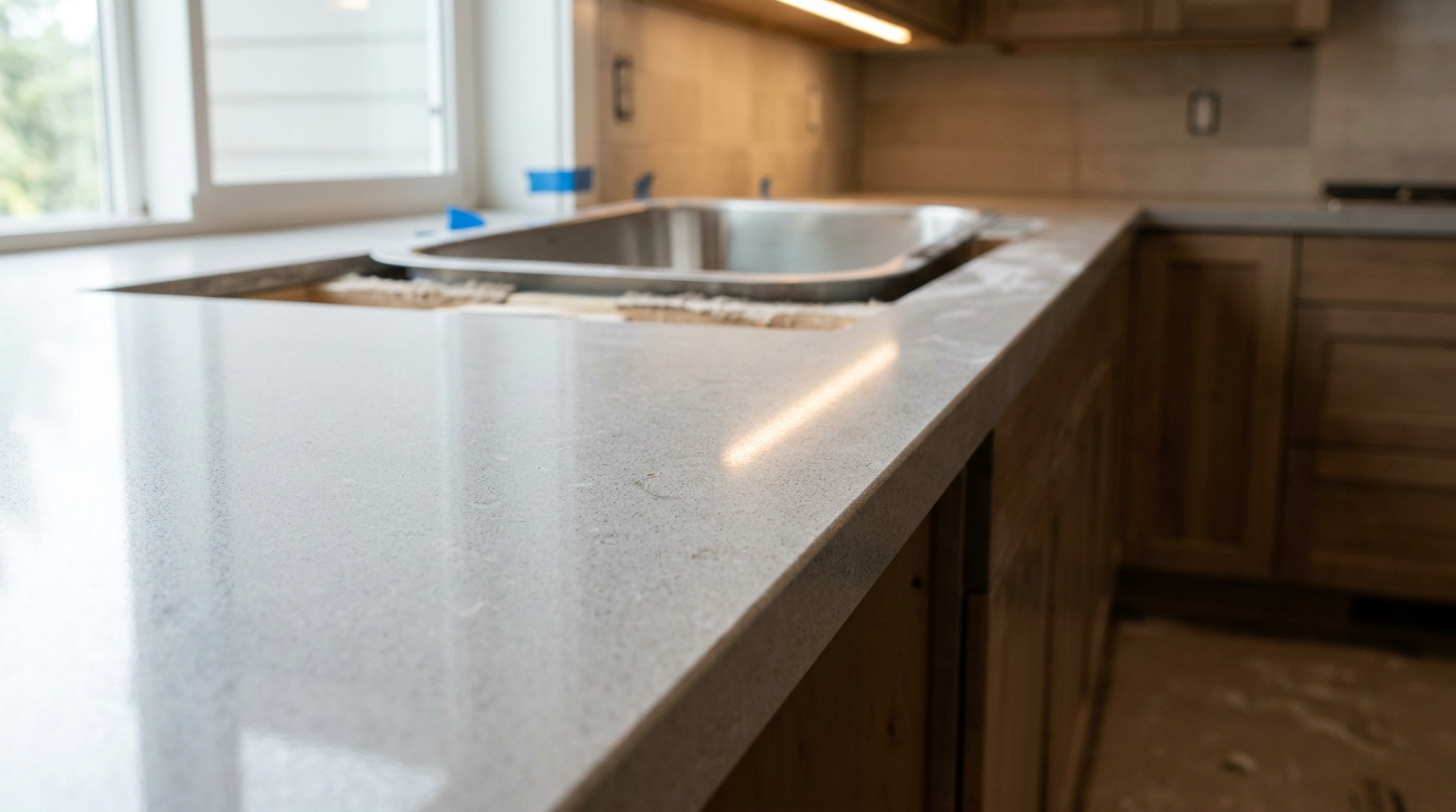Close-up of a new quartz countertop in a Hunts Point kitchen remodel.