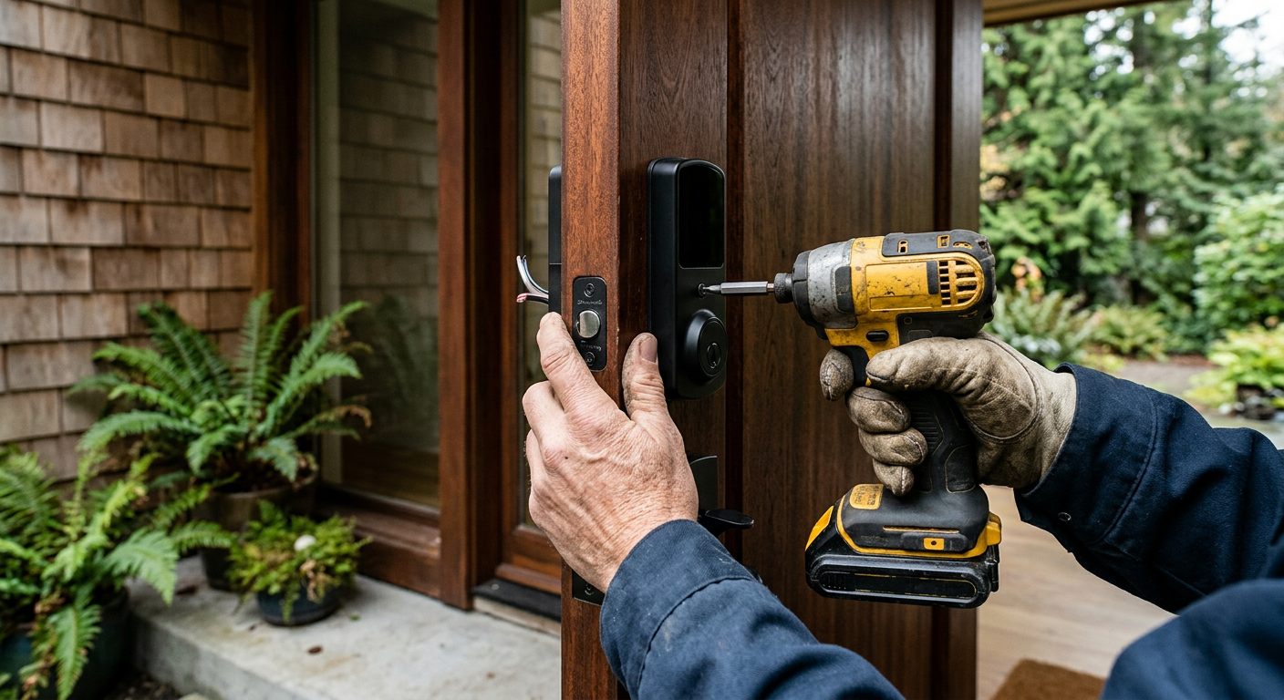 Professional installation of a smart lock on a custom front door in a Hunts Point home.