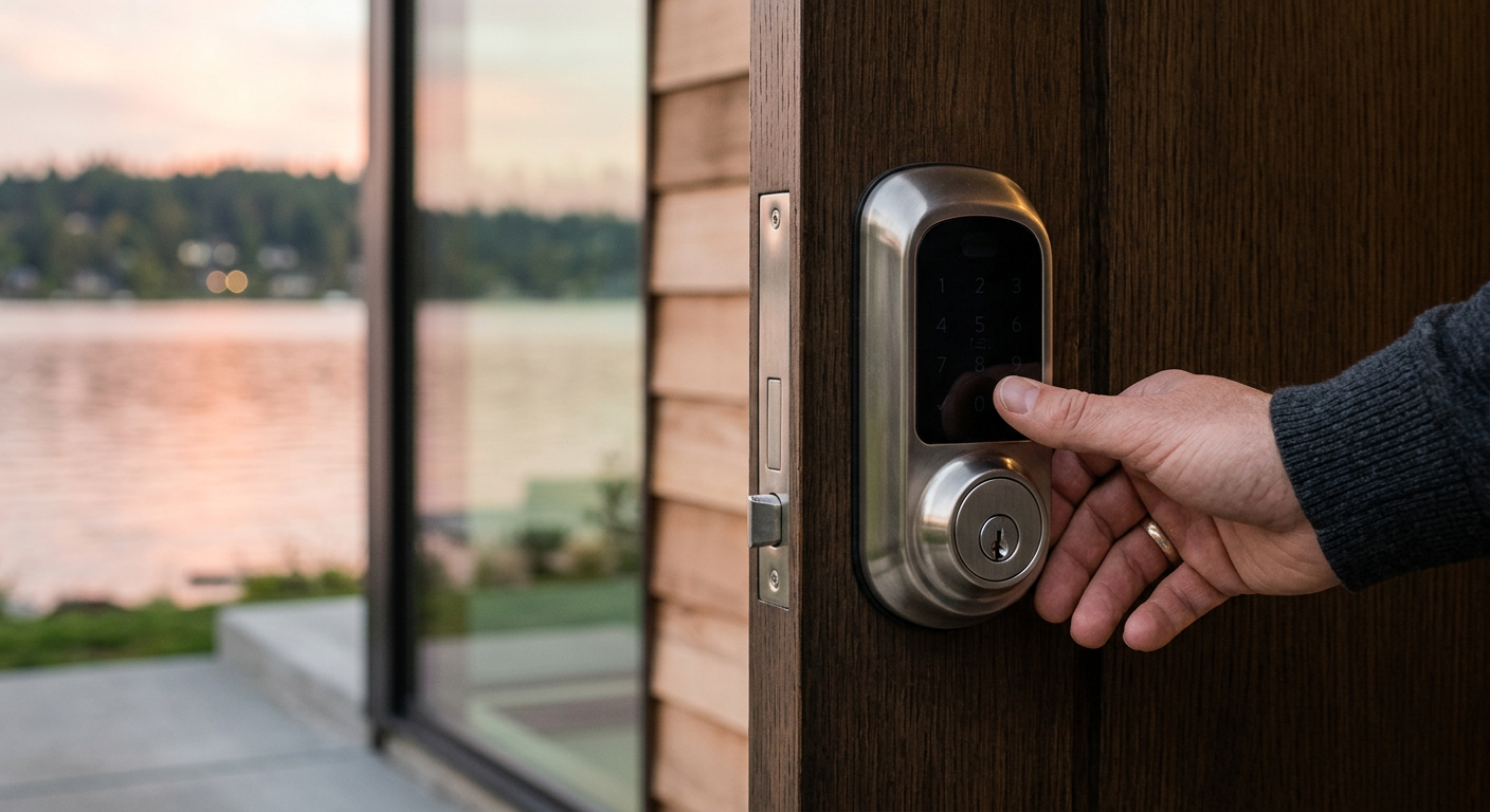 A close-up of a modern smart lock professionally installed on the front door of a luxury home in Hunts Point, Washington.