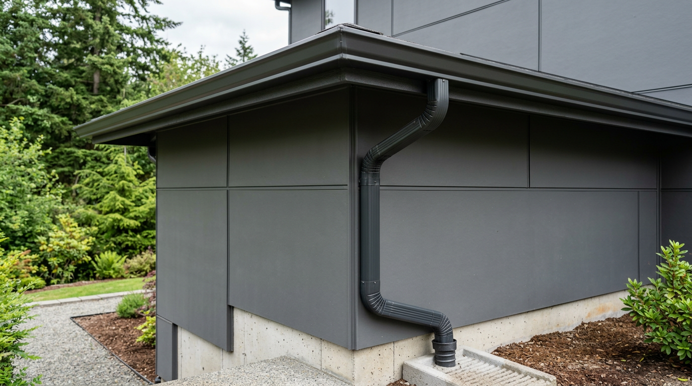 A well-maintained gutter and downspout on a modern Hunts Point home, crucial for mold prevention.