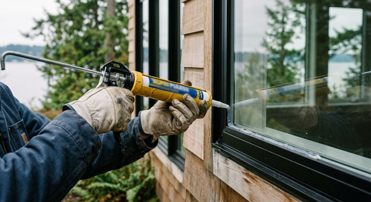 Applying new sealant during a window repair on a luxury Hunts Point waterfront home.