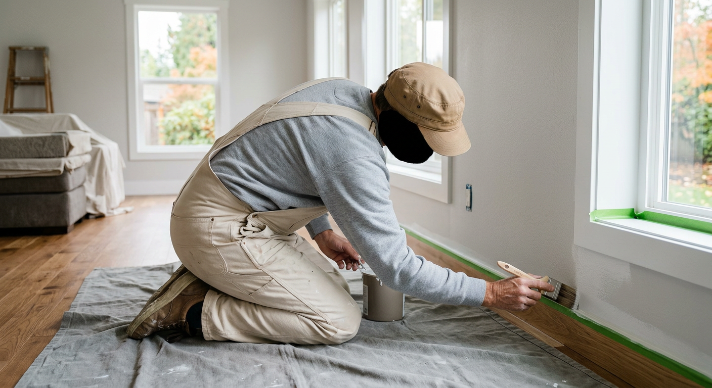 Professional interior painting trim prep in a Clyde Hill home with canvas floor coverings and angled sash brush