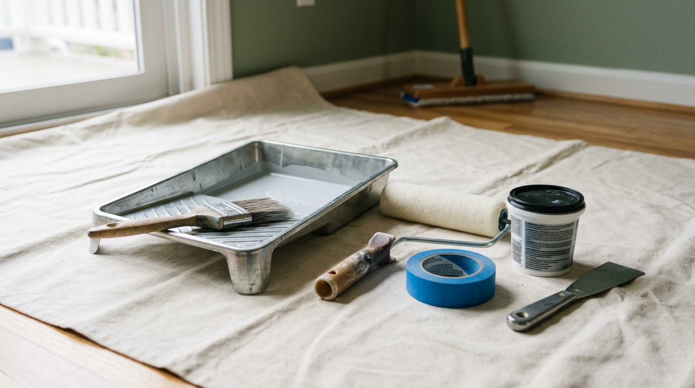Professional painting tools including a brush, roller, and tape laid out on a drop cloth in a Greenwood home, ready for an interior painting project.