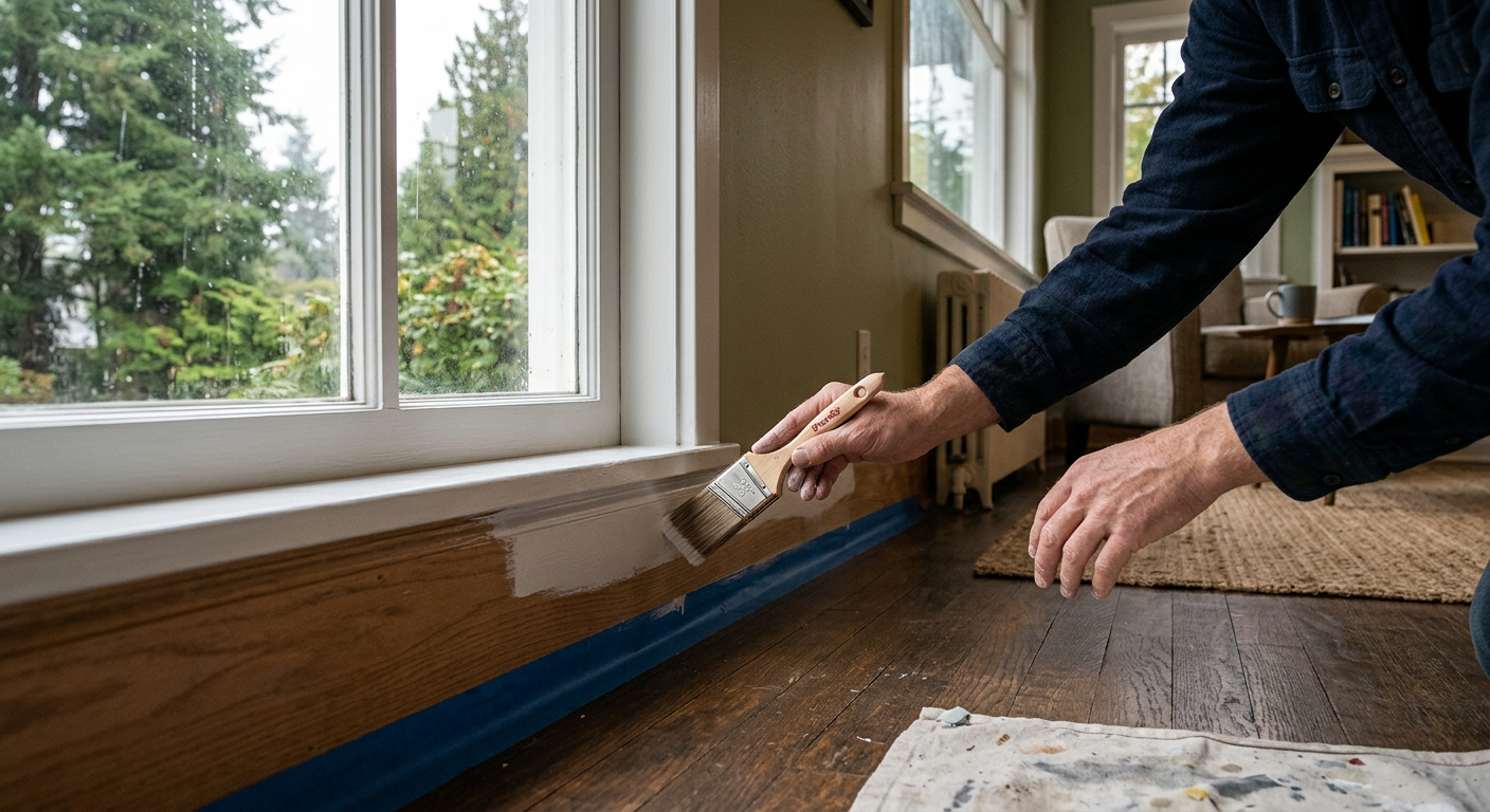 Freshly painted white baseboard trim and warm gray walls in a Greenwood WA home