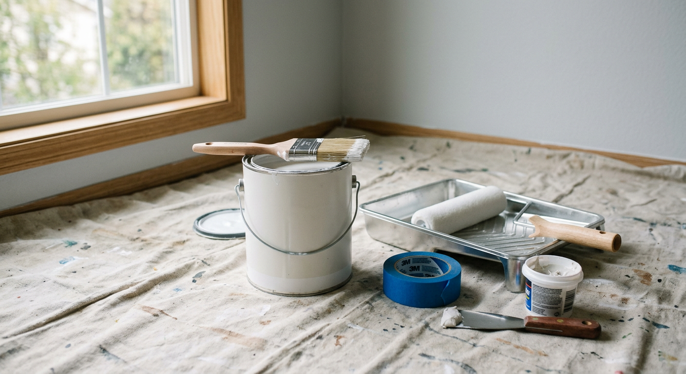 Professional interior painting tools staged on a drop cloth in a Greenwood home, ready for a project.