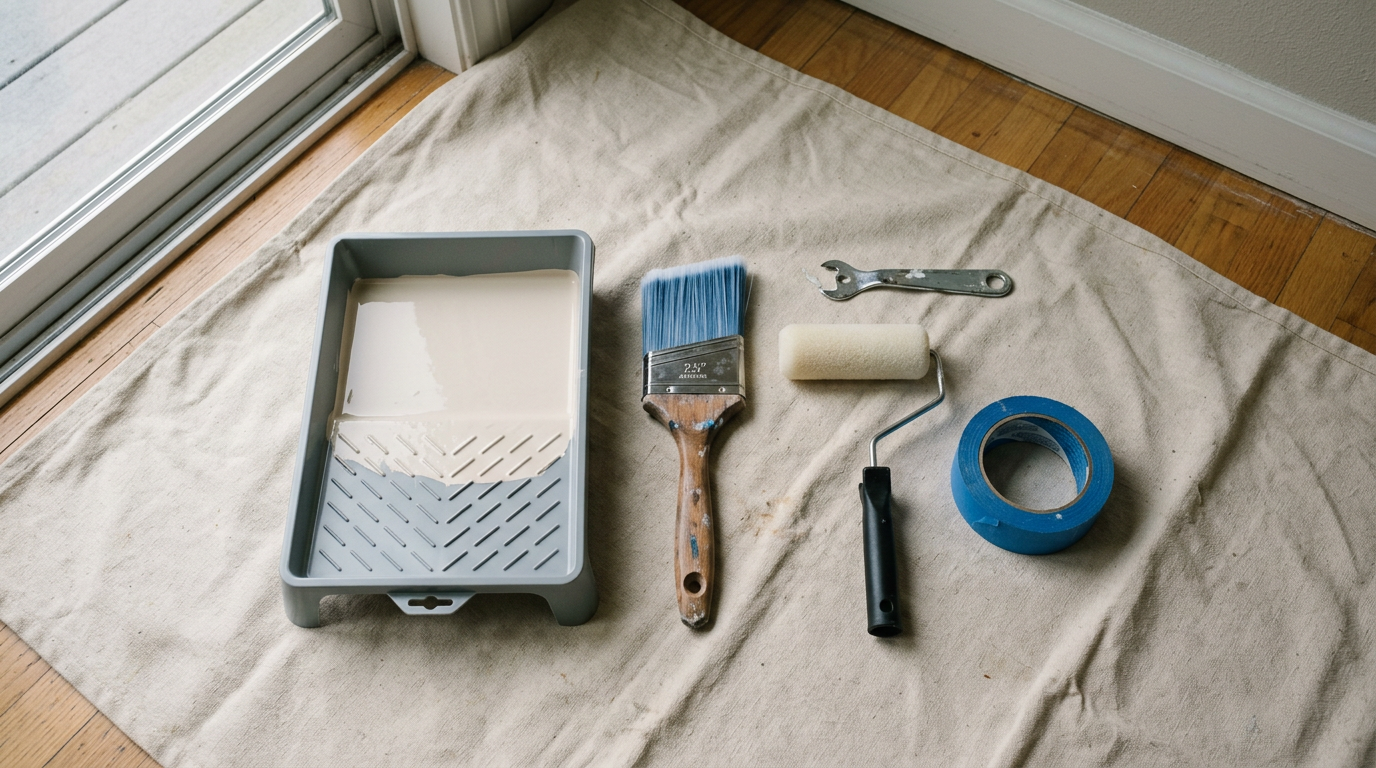 A collection of professional interior painting tools on a drop cloth in a Greenwood home.