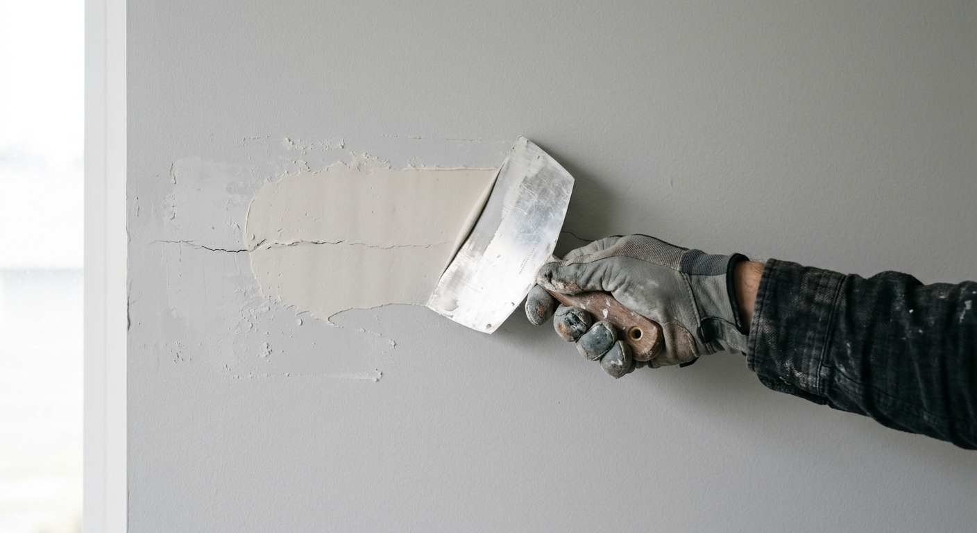 A close-up of a wall in a Greenwood home being prepped for interior painting.