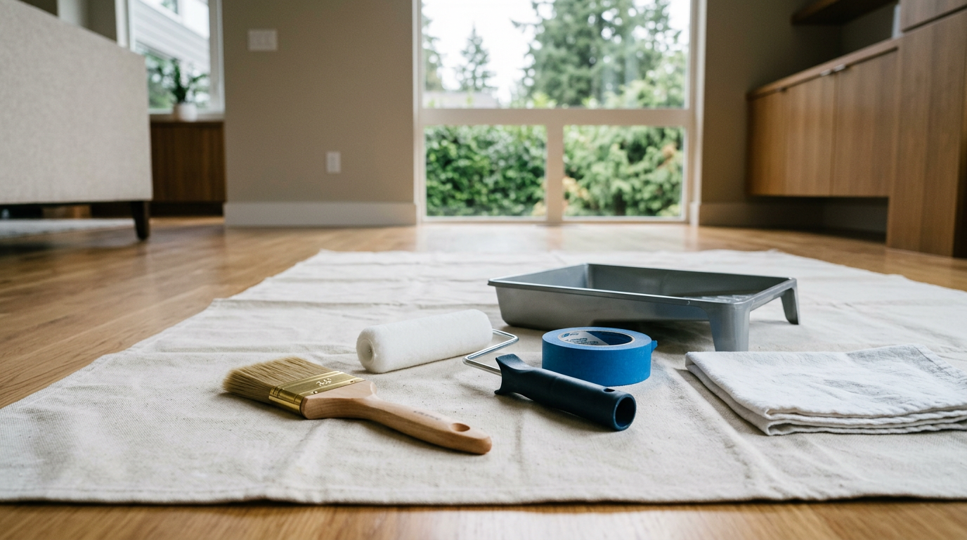 A professional set of interior painting tools ready for use in a Redmond, WA home.