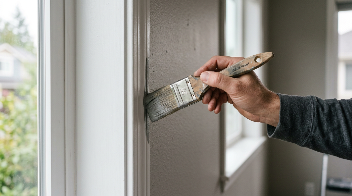 A close-up of a professional painter cutting in a clean line on an interior wall in a Redmond, WA home.