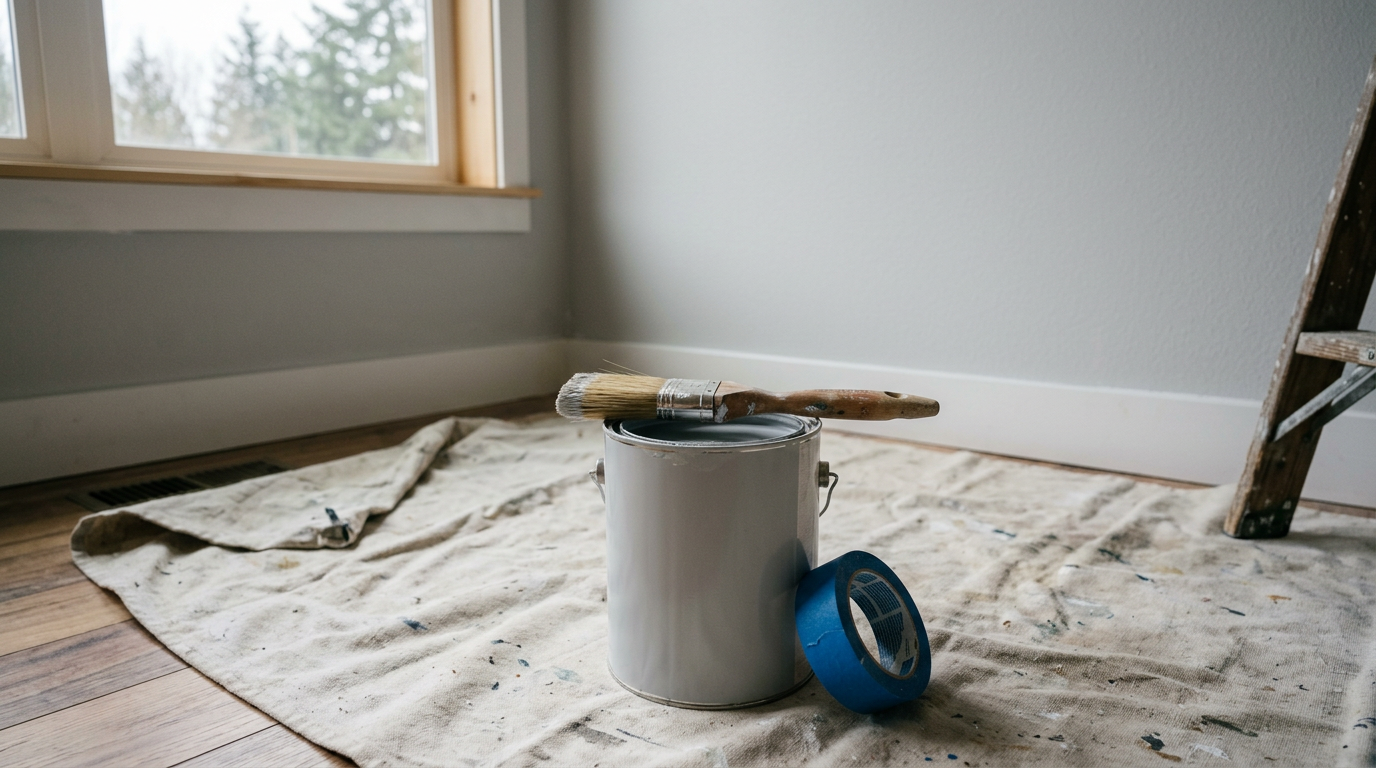 Tidy painting supplies in front of a freshly painted wall during an interior painting project in Lynnwood, WA.